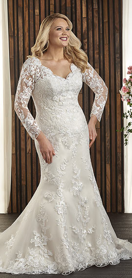ivory and white a-line bridal dress from bonny bridal with laced sheer sleeves and scoop neckline