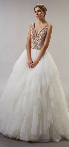 ball gown bridal dress from fiore couture with beaded bodice, sweetheart neckline, and straps